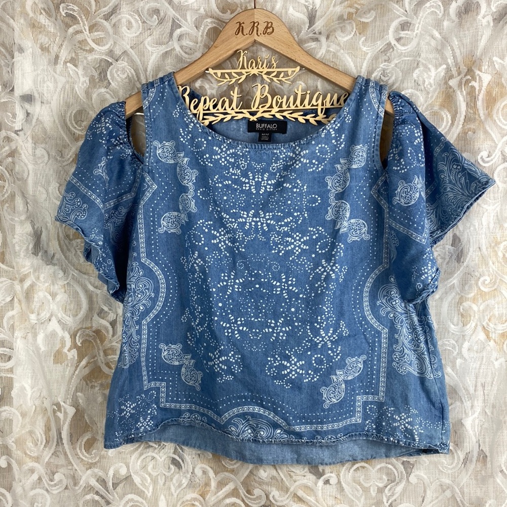 Buffalo David Bitton Blue Bandana Cold Shoulder Crop Top Cut Out Western Wear M